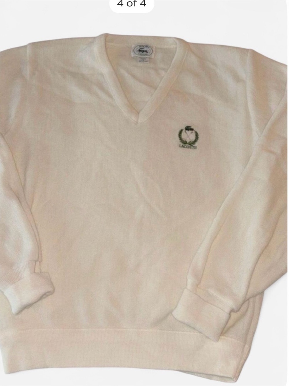 Vintage Lacoste Men's V-Neck Knit Sweater Cream Size M – Rare Crest Emblem Logo